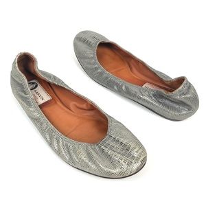 LANVIN METALLIC SILVER LIZARD EMBOSSED BALLET FLAT
